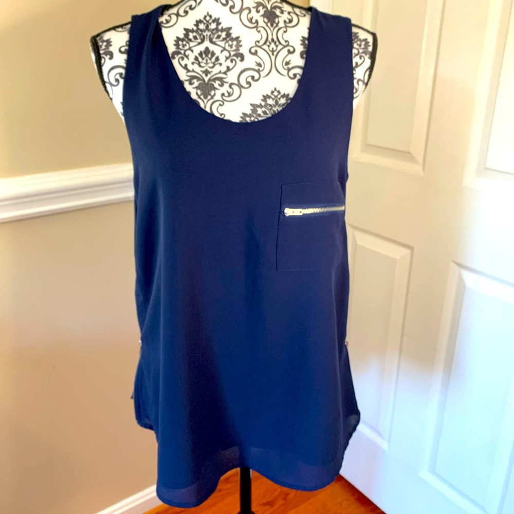 Paper crane, Full side zip sheer, navy  tank top size Lg